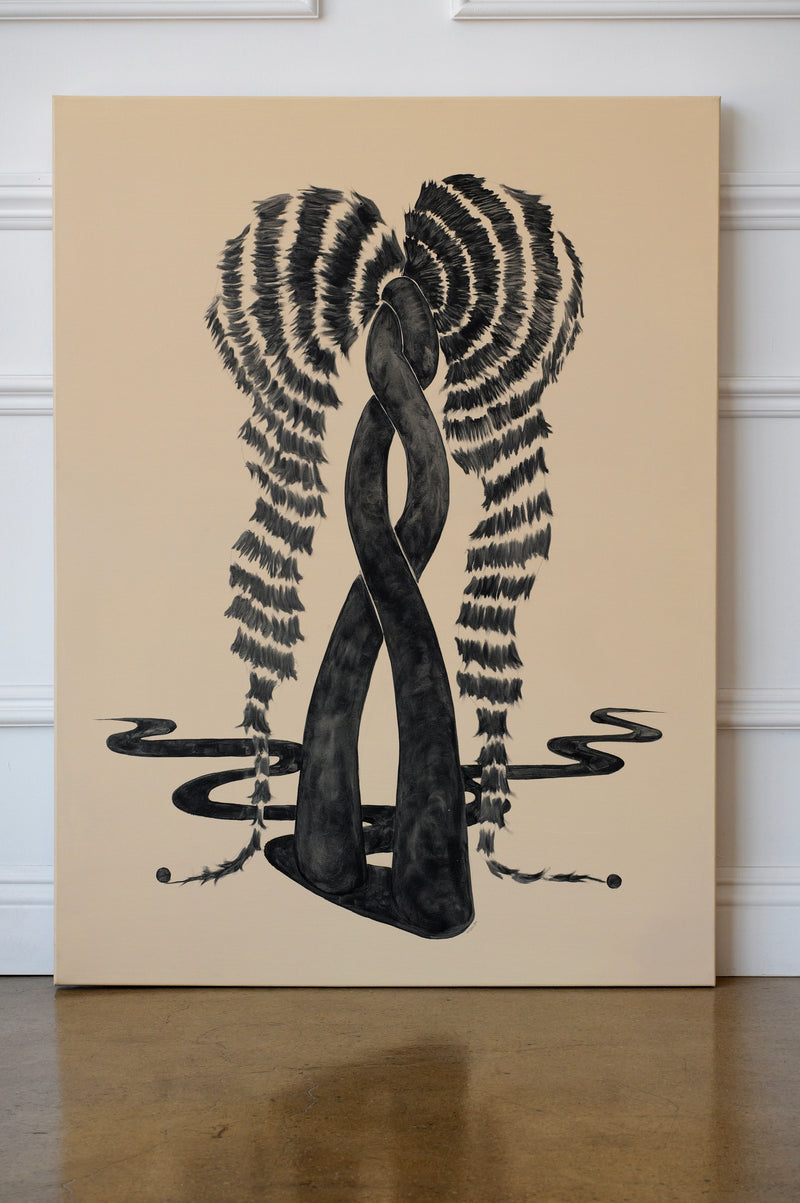 Abstract black and white artwork on a beige background